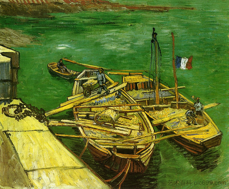 码头与男人卸沙驳船 Quay with Men Unloading Sand Barges (1888; Arles,Bouches-du-Rhône,France  )，文森特·梵高