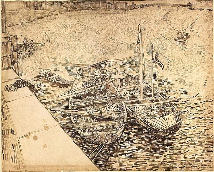 码头与男人卸沙驳船 Quay with Men Unloading Sand Barges (1888; Arles,Bouches-du-Rhône,France  )，文森特·梵高