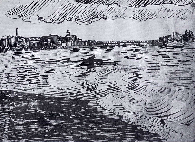 罗纳河与船和桥 Rhone with Boats and a Bridge (1888; Arles,Bouches-du-Rhône,France  )，文森特·梵高