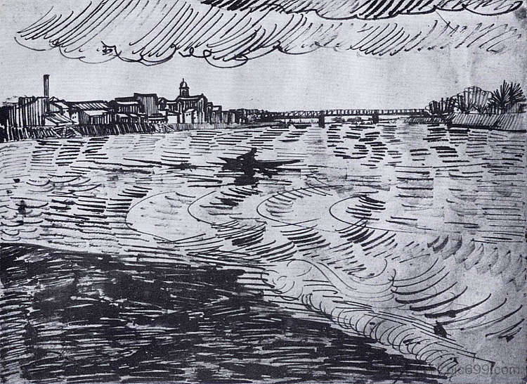 罗纳河与船和桥 Rhone with Boats and a Bridge (1888; Arles,Bouches-du-Rhône,France ),文森特·梵高