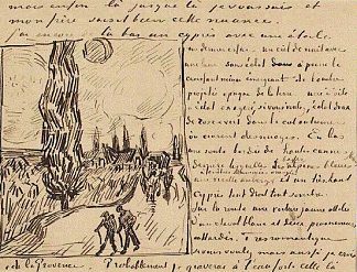 与男人行走，马车，柏树，星星和新月的道路 Road with Men Walking, Carriage, Cypress, Star, and Crescent Moon (1890; Saint-rémy-de-provence,France                     )，文森特·梵高