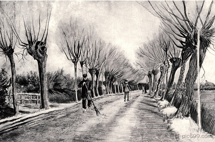 《柳树之路》和《扫帚人 Road with Pollard Willows and Man with Broom (1881; Netherlands ),文森特·梵高