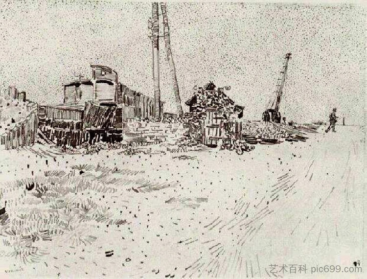 带电线杆和起重机的道路 Road with Telegraph Pole and Crane (1888; Arles,Bouches-du-Rhône,France  )，文森特·梵高