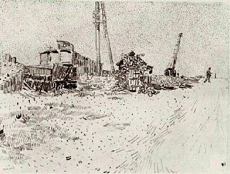 带电线杆和起重机的道路 Road with Telegraph Pole and Crane (1888; Arles,Bouches-du-Rhône,France                     )，文森特·梵高