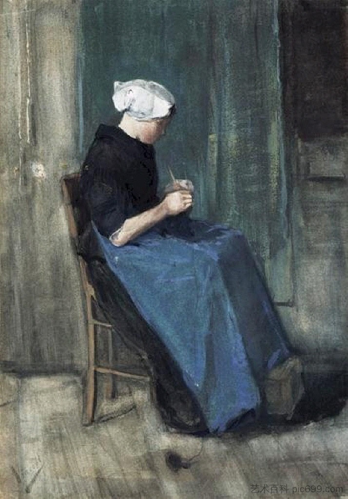 斯海弗宁恩女子编织 Scheveningen Woman Knitting (1881; Netherlands  )，文森特·梵高