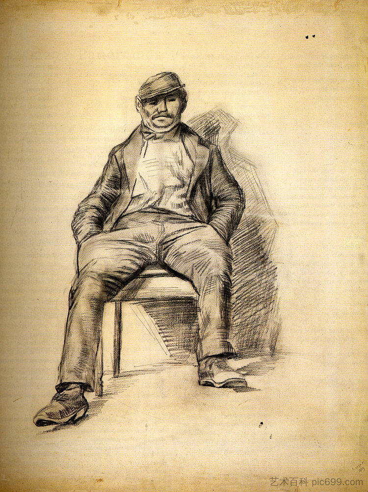 留着小胡子戴着帽子的坐着的男人 Seated Man with a Moustache and Cap (1886; Antwerp,Belgium  )，文森特·梵高