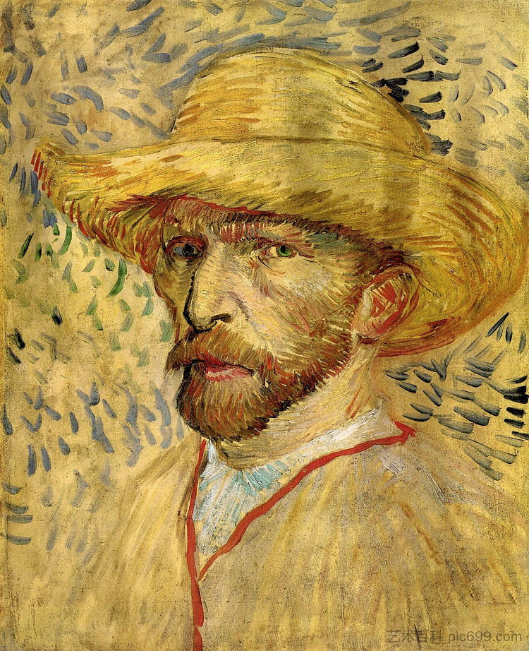 带草帽的自画像 Self-Portrait with Straw Hat (1887; Paris,France  )，文森特·梵高