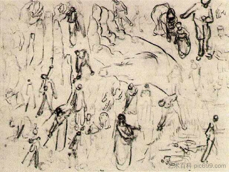 带有数字和手的工作表 Sheet with Figures and Hands (1890; France ),文森特·梵高