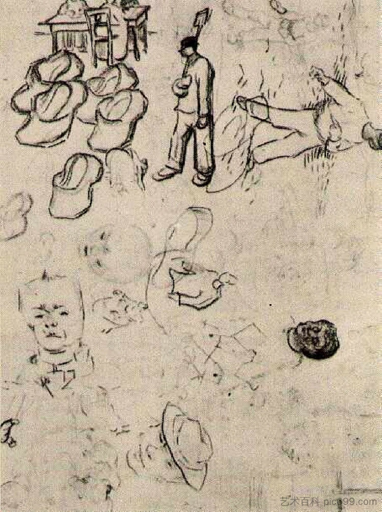 桌子上的数字表，播种机，木屐等 Sheet with Figures at a Table, a Sower, Clogs, etc (1890; Saint-rémy-de-provence,France  )，文森特·梵高