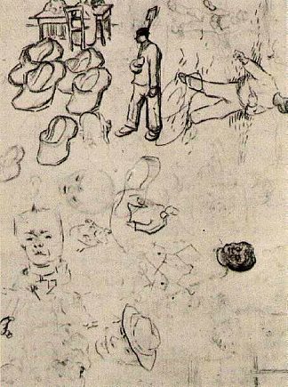 桌子上的数字表，播种机，木屐等 Sheet with Figures at a Table, a Sower, Clogs, etc (1890; Saint-rémy-de-provence,France                     )，文森特·梵高