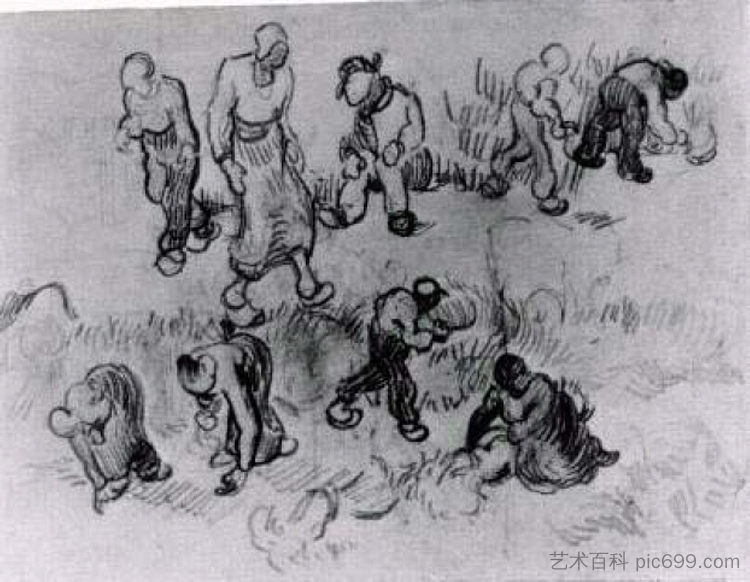 带有众多劳动人民素描的工作表 Sheet with Numerous Sketches of Working People (1890; France ),文森特·梵高