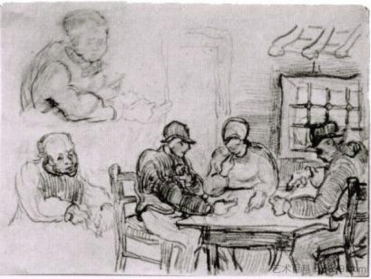 农民吃饭和其他人物的床单 Sheet with Peasants Eating and Other Figures (1890; Saint-rémy-de-provence,France ),文森特·梵高