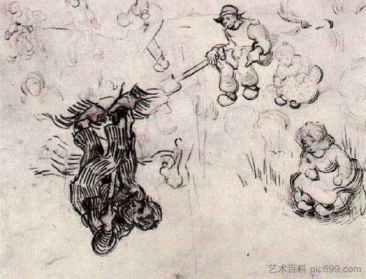带有挖掘机和其他人物草图的工作表 Sheet with Sketches of a Digger and Other Figures (1890; Saint-rémy-de-provence,France ),文森特·梵高