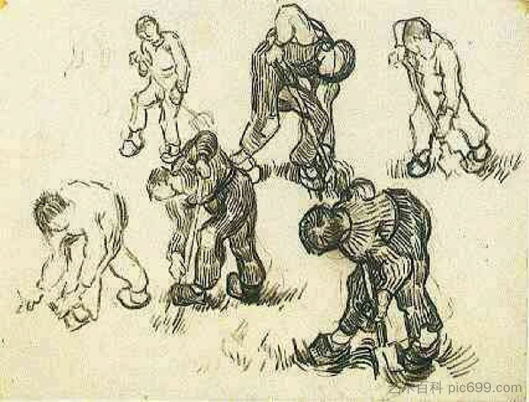 带有挖掘机和其他人物草图的工作表 Sheet with Sketches of Diggers and Other Figures (1890; Saint-rémy-de-provence,France ),文森特·梵高