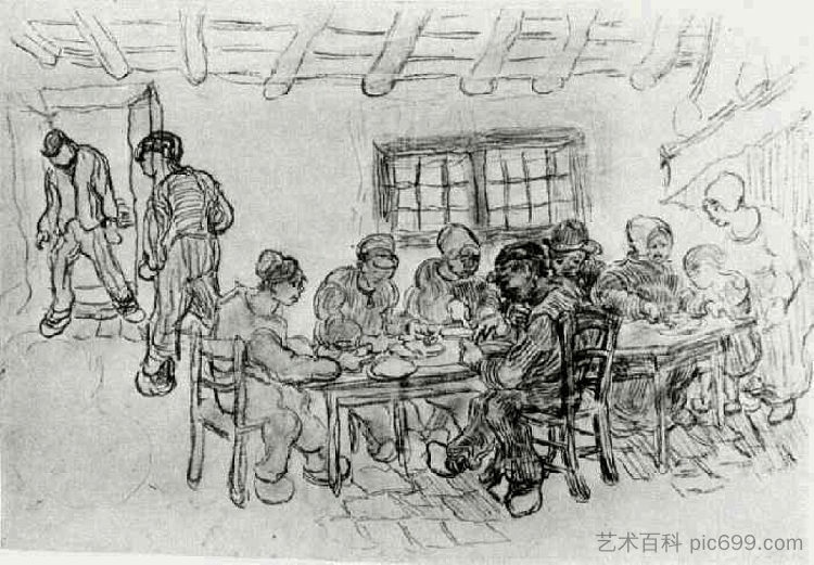 两组农民在吃饭的床单 Sheet with Two Groups of Peasants at a Meal (1890; Saint-rémy-de-provence,France  )，文森特·梵高