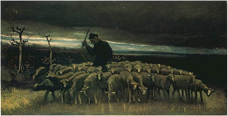 牧羊人带着一群羊 Shepherd with a Flock of Sheep (1884; Nunen / Nuenen,Netherlands  )，文森特·梵高