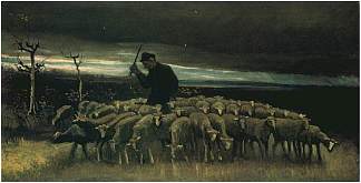 牧羊人带着一群羊 Shepherd with a Flock of Sheep (1884; Nunen / Nuenen,Netherlands                     )，文森特·梵高