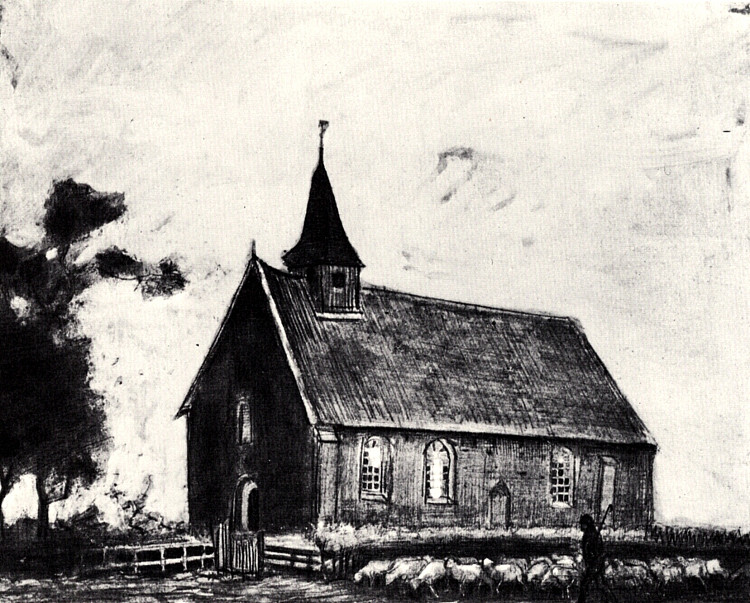 牧羊人和羊群在兹威鲁的一个小教堂附近 Shepherd with Flock near a Little Church at Zweeloo (1883; Netherlands ),文森特·梵高