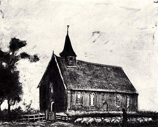 牧羊人和羊群在兹威鲁的一个小教堂附近 Shepherd with Flock near a Little Church at Zweeloo (1883; Netherlands                     )，文森特·梵高