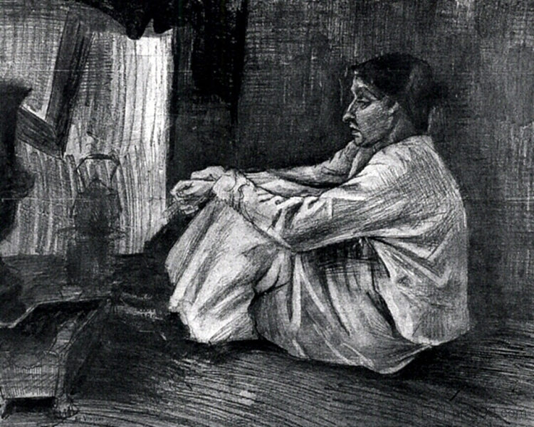 锡恩拿着雪茄坐在火炉旁边的地板上 Sien with Cigar Sitting on the Floor near Stove (1882; Haag / Den Haag / La Haye / The Hague,Netherlands ),文森特·梵高