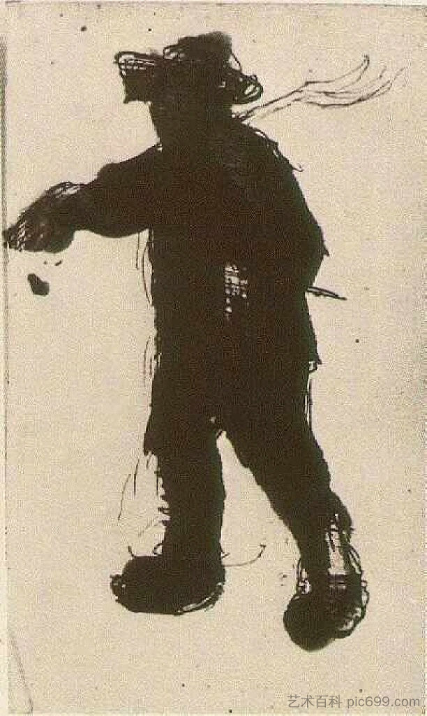 一个拿着耙子的男人的剪影 Silhouette of a Man with a Rake (c.1885; Nunen / Nuenen,Netherlands  )，文森特·梵高