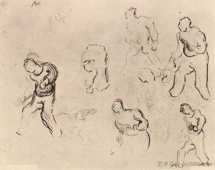 六幅人物素描，其中包括一个播种小麦的人 Six Sketches of Figures, Among Others a Man Sowing Wheat (1890; Saint-rémy-de-provence,France  )，文森特·梵高