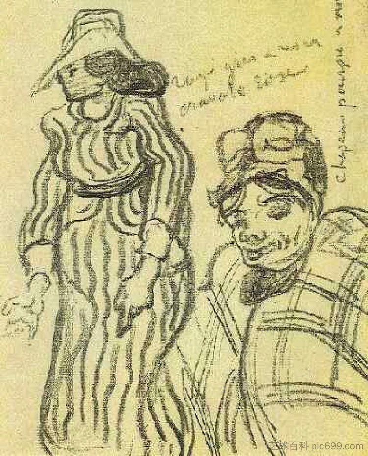 一位戴条纹连衣裙和帽子的女士和另一位半身材的女士的素描 Sketch of a Lady with Striped Dress and Hat and of Another Lady, Half-Figure (1890; Auvers-sur-oise,France  )，文森特·梵高