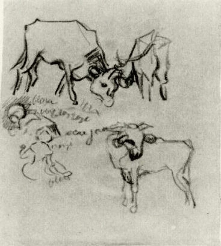 奶牛和孩子的素描 Sketch of Cows and Children (1890; Auvers-sur-oise,France  )，文森特·梵高