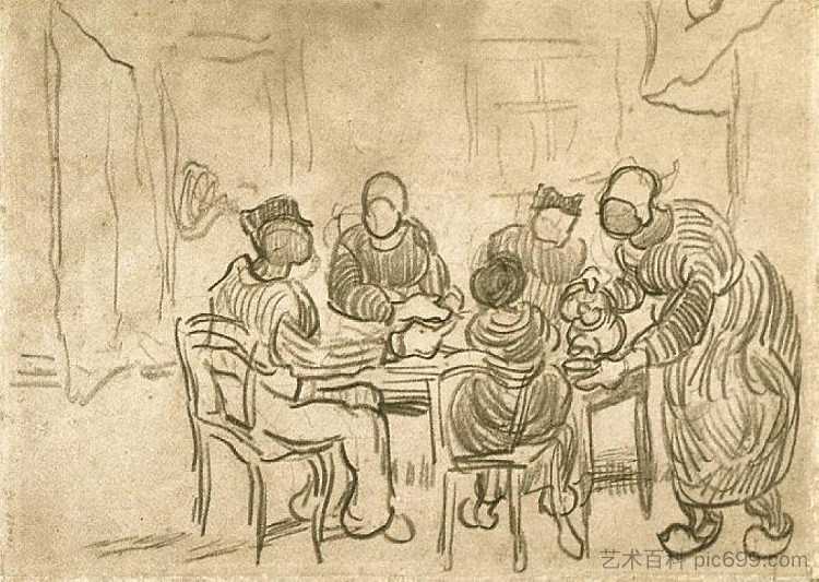 画作“吃土豆的人”的素描 Sketch of the Painting "The Potato Eaters" (1890; Saint-rémy-de-provence,France  )，文森特·梵高