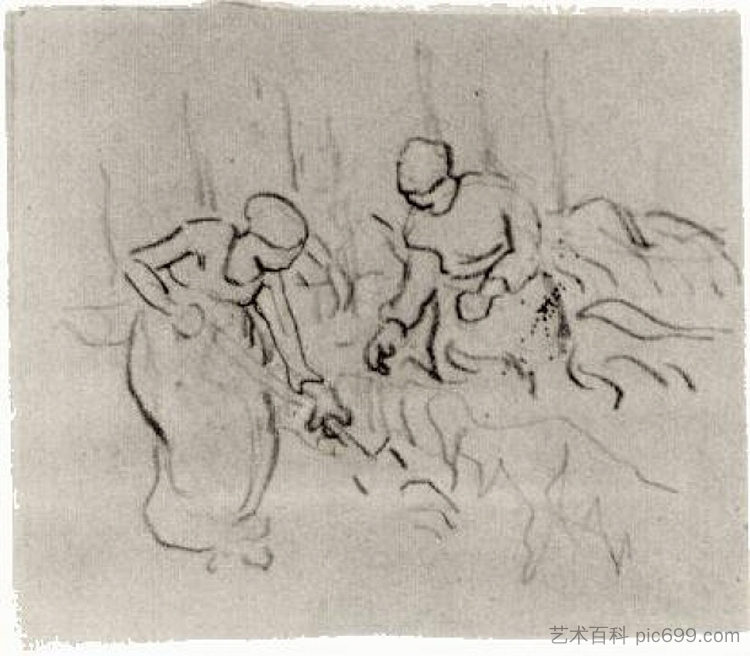 田野中的女性素描 Sketch of Women in a Field (1890; Auvers-sur-oise,France  )，文森特·梵高