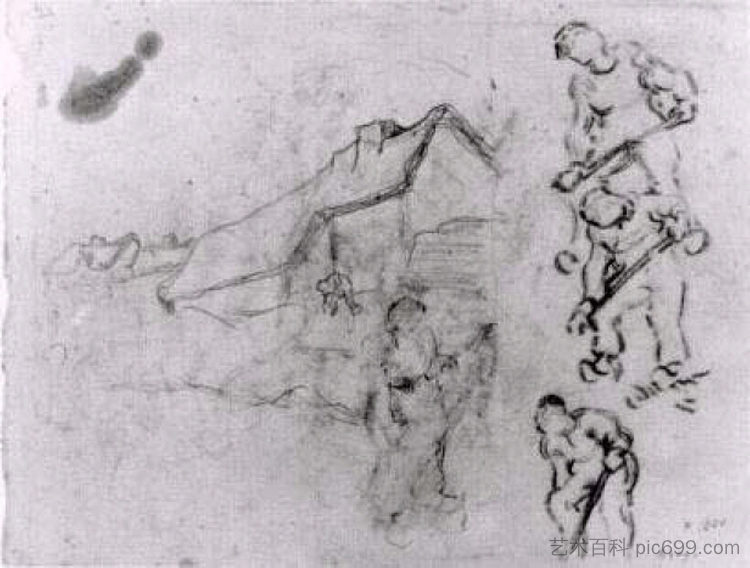 小屋和人物的草图 Sketches of a Cottage and Figures (1890; Saint-rémy-de-provence,France ),文森特·梵高