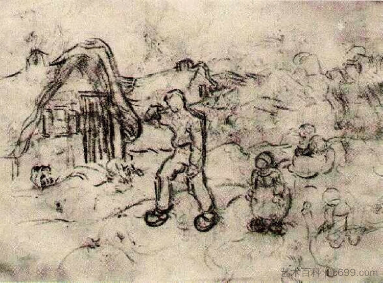 小屋和人物的草图 Sketches of a Cottage and Figures (1890; Saint-rémy-de-provence,France ),文森特·梵高