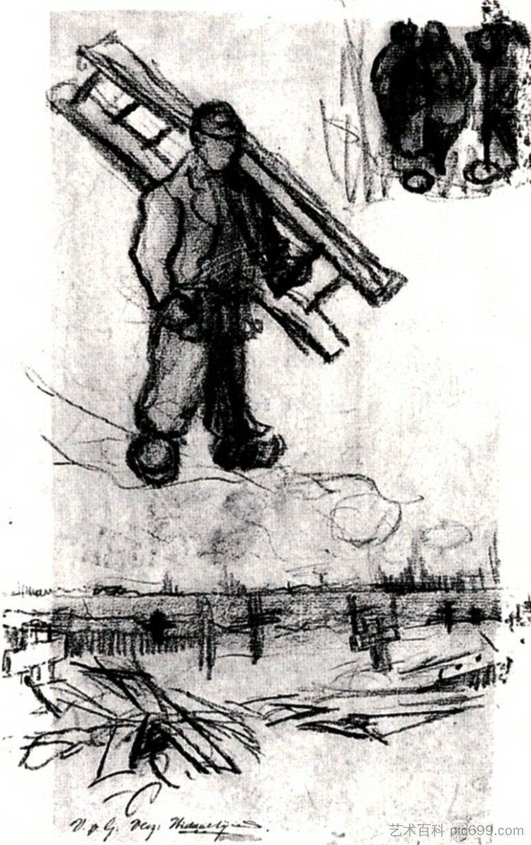 一个人与梯子、其他人物和墓地的素描 Sketches of a Man with a Ladder, Other Figures, and a Cemetery (1885; Nunen / Nuenen,Netherlands  )，文森特·梵高