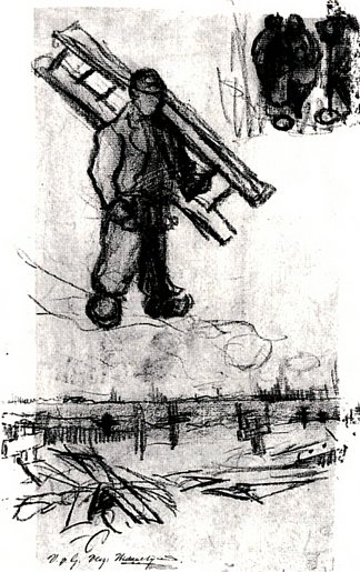 一个人与梯子、其他人物和墓地的素描 Sketches of a Man with a Ladder, Other Figures, and a Cemetery (1885; Nunen / Nuenen,Netherlands                     )，文森特·梵高