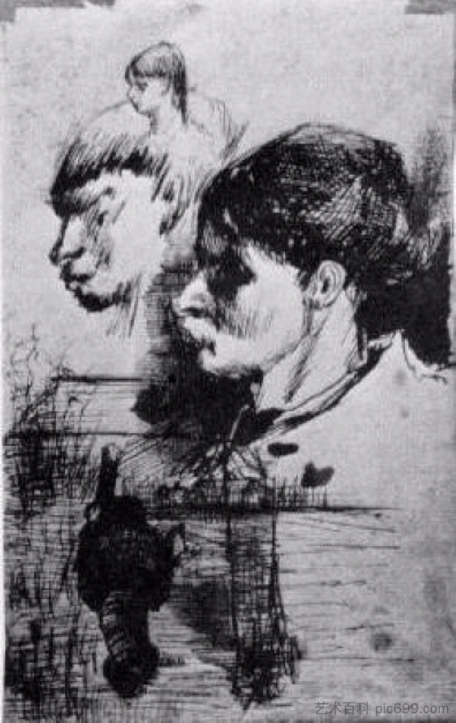 头部草图 Sketches of Heads (1884; Nunen / Nuenen,Netherlands  )，文森特·梵高