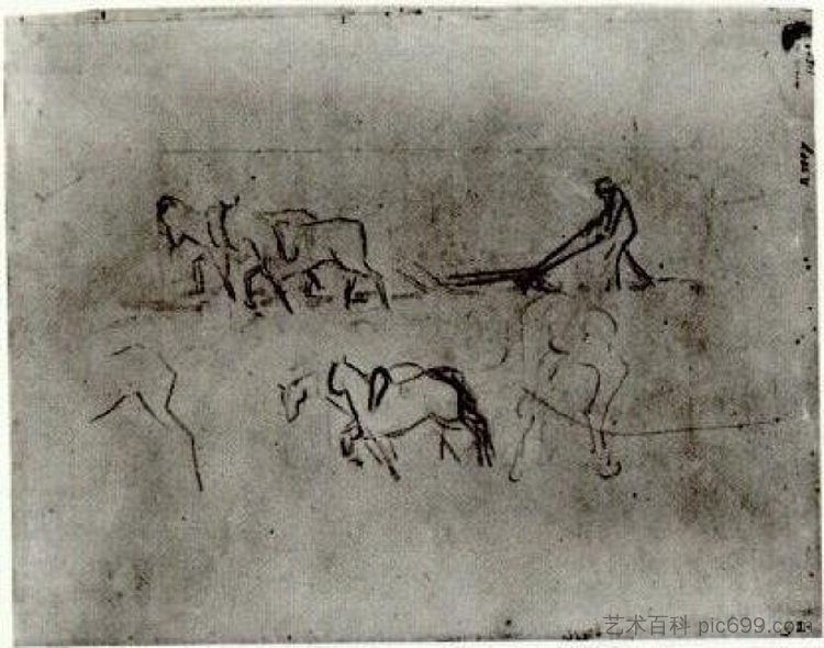 农民用马耕作的素描 Sketches of Peasant Plowing with Horses (1890; Auvers-sur-oise,France ),文森特·梵高