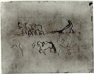 农民用马耕作的素描 Sketches of Peasant Plowing with Horses (1890; Auvers-sur-oise,France                     )，文森特·梵高