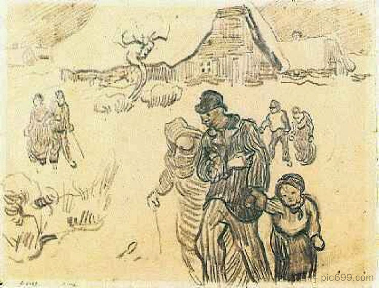 白雪皑皑的小屋,一对带着孩子的夫妇和其他步行者 Snow-Covered Cottages, a Couple with a Child, and Other Walkers (1890; Saint-rémy-de-provence,France ),文森特·梵高