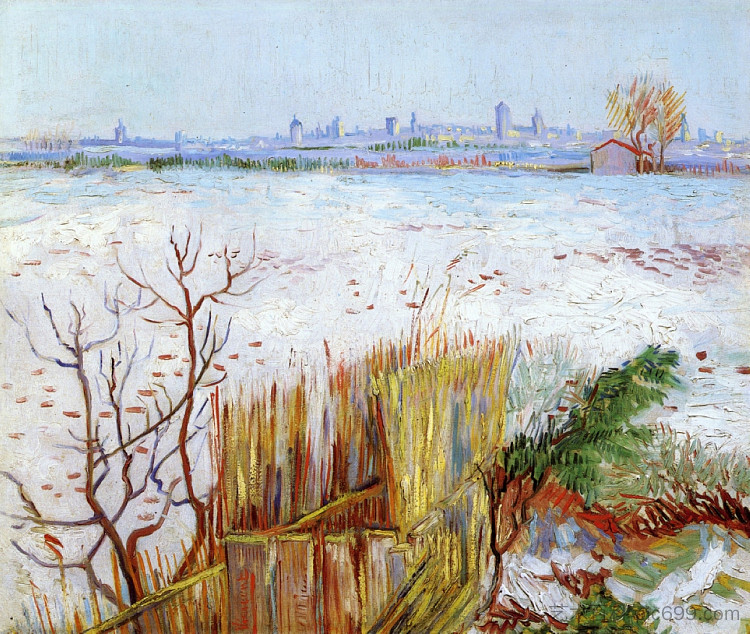 以阿尔勒为背景的白雪皑皑的景观 Snowy Landscape with Arles in the Background (1888; Arles,Bouches-du-Rhône,France  )，文森特·梵高