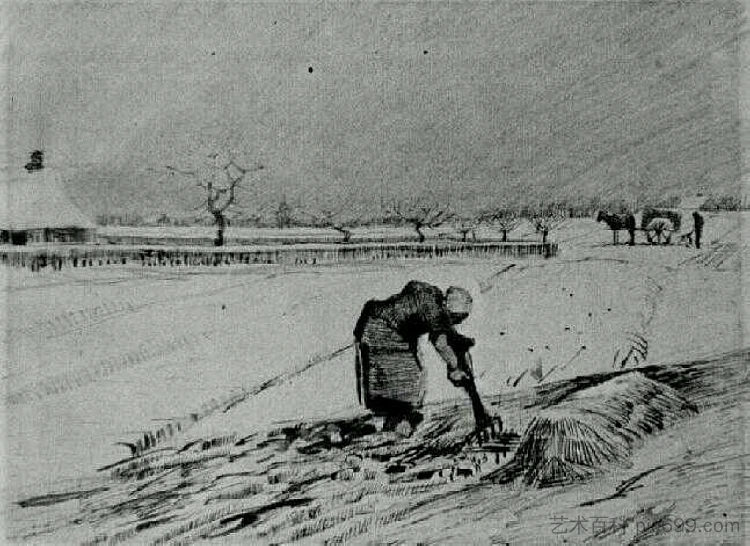 雪景与弯腰的女人 Snowy Landscape with Stooping Woman (1883; Nunen / Nuenen,Netherlands  )，文森特·梵高