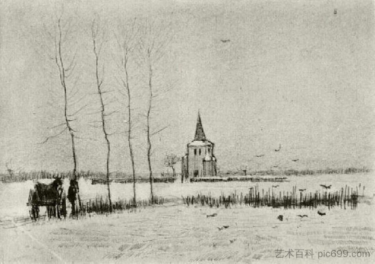 有老塔的雪景 Snowy Landscape with the Old Tower (1883; Nunen / Nuenen,Netherlands  )，文森特·梵高