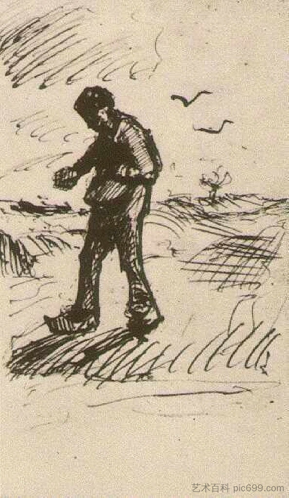 播种机朝左 Sower Facing Left (c.1885; Nunen / Nuenen,Netherlands  )，文森特·梵高