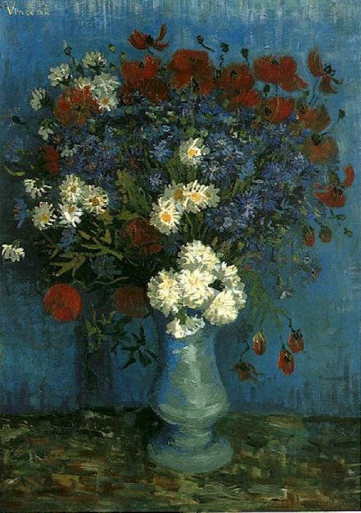 静物：花瓶与矢车菊和罂粟花 Still Life: Vase with Cornflowers and Poppies (1887; Paris,France  )，文森特·梵高