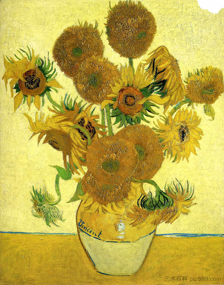 静物 - 花瓶与十五朵向日葵 Still Life - Vase with Fifteen Sunflowers (1888; Arles,Bouches-du-Rhône,France  )，文森特·梵高