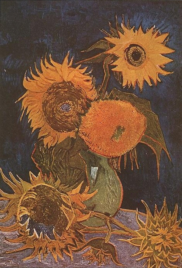 静物花瓶与五朵向日葵 Still Life Vase with Five Sunflowers (1888; Arles,Bouches-du-Rhône,France ),文森特·梵高