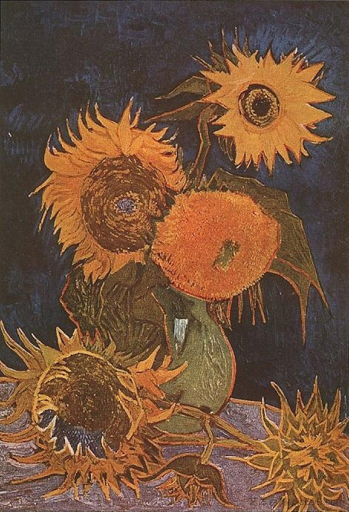 静物花瓶与五朵向日葵 Still Life Vase with Five Sunflowers (1888; Arles,Bouches-du-Rhône,France  )，文森特·梵高