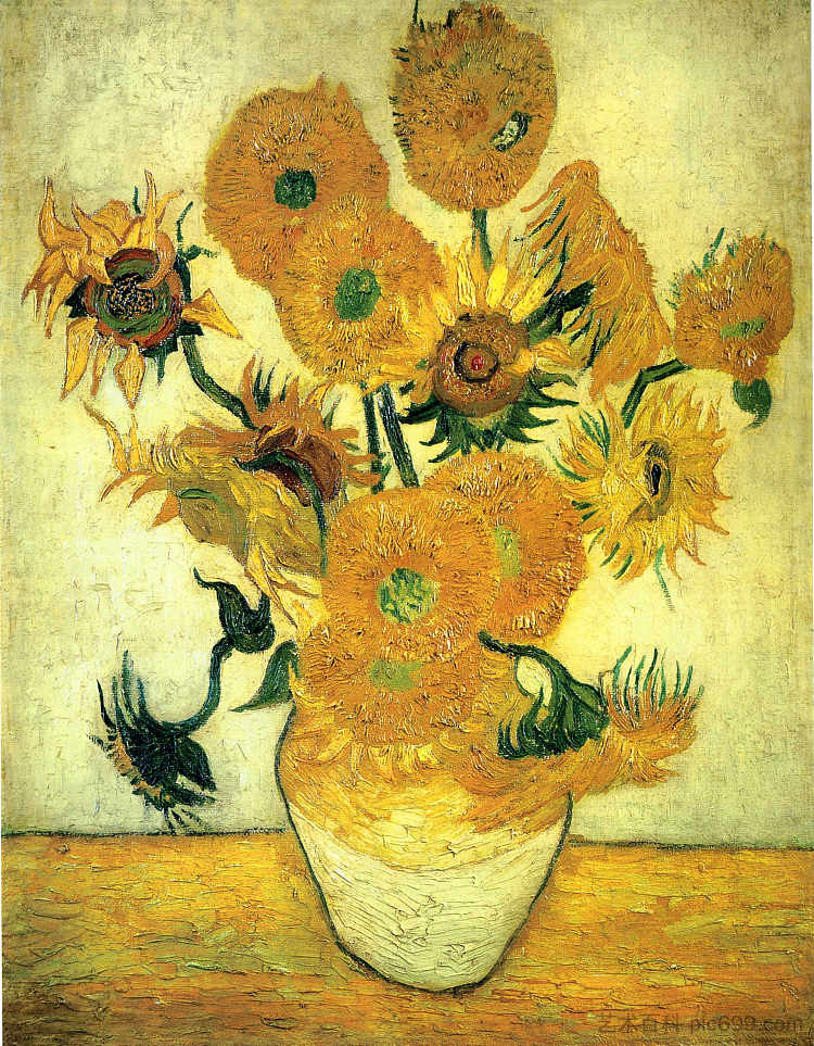 静物 - 花瓶与十四朵向日葵 Still Life - Vase with Fourteen Sunflowers (1889; Arles,Bouches-du-Rhône,France ),文森特·梵高