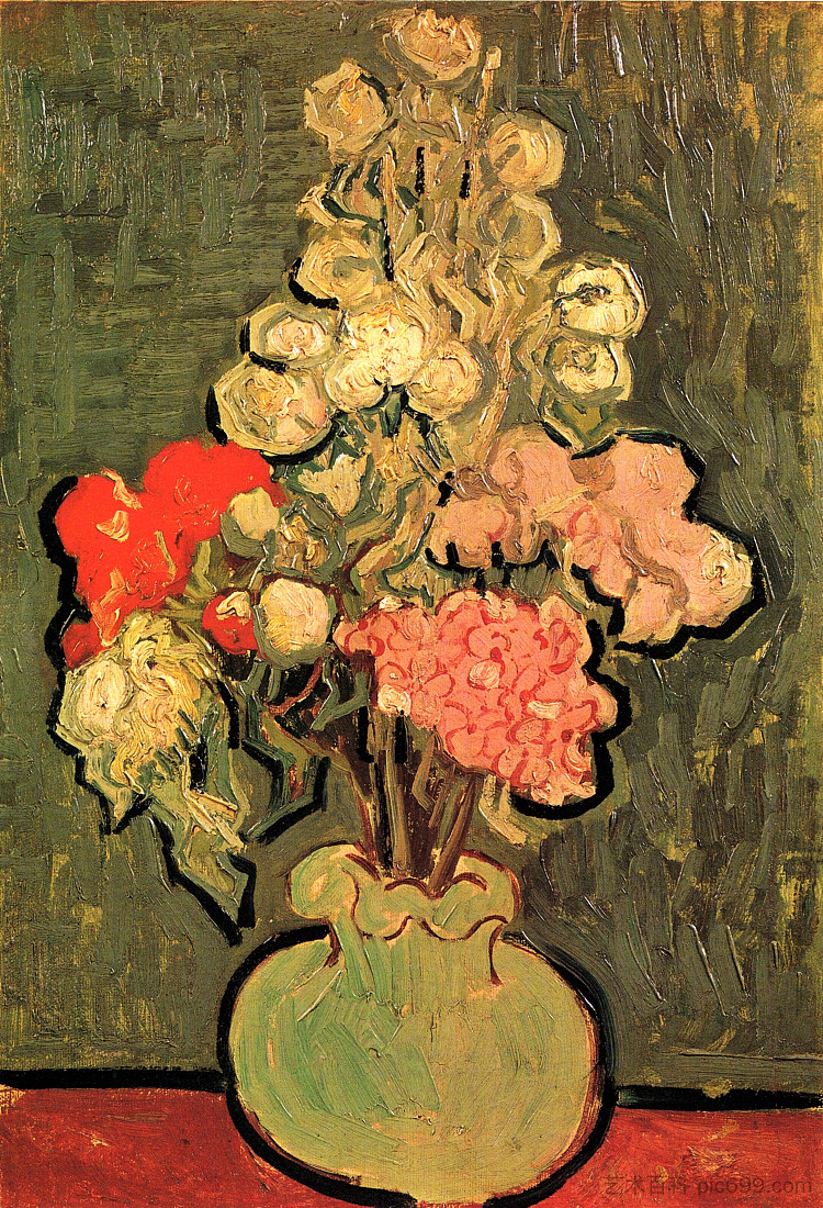 静物花瓶与玫瑰锦葵 Still Life Vase with Rose-Mallows (1890; Auvers-sur-oise,France  )，文森特·梵高