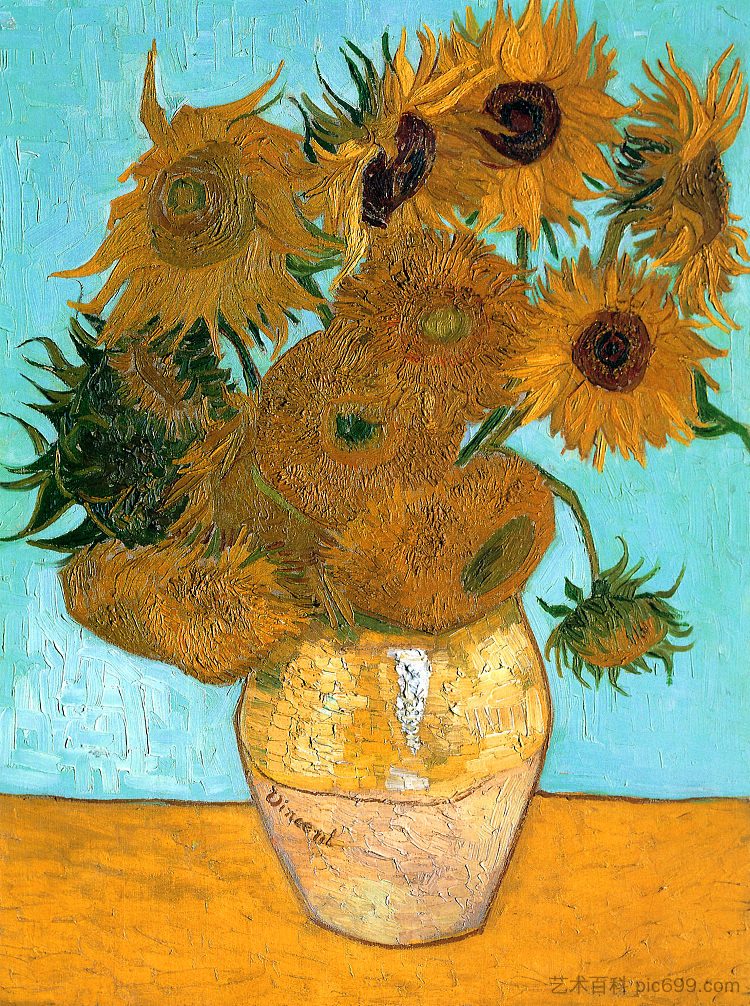 静物 - 十二朵向日葵花瓶 Still Life - Vase with Twelve Sunflowers (c.1888 - c.1889; Arles,Bouches-du-Rhône,France  )，文森特·梵高