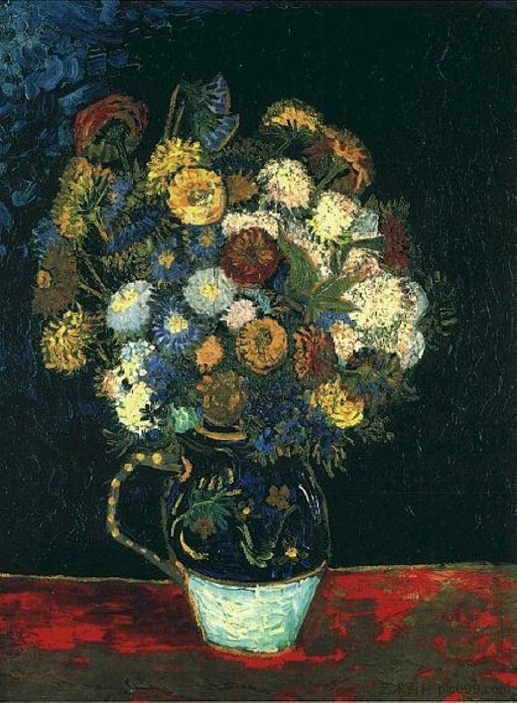 静物花瓶与百日菊 Still Life Vase with Zinnias (1888; Arles,Bouches-du-Rhône,France  )，文森特·梵高